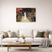 Gallery-wrapped canvas print of Edmund Blair Leighton's 'Lady in Garden' displayed on a wall in a living room