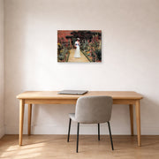 Gallery-wrapped canvas print of Edmund Blair Leighton's 'Lady in Garden' displayed on a wall in an office