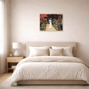 Unframed poster print of Edmund Blair Leighton's 'Lady in Garden' displayed on a wall in a bedroom