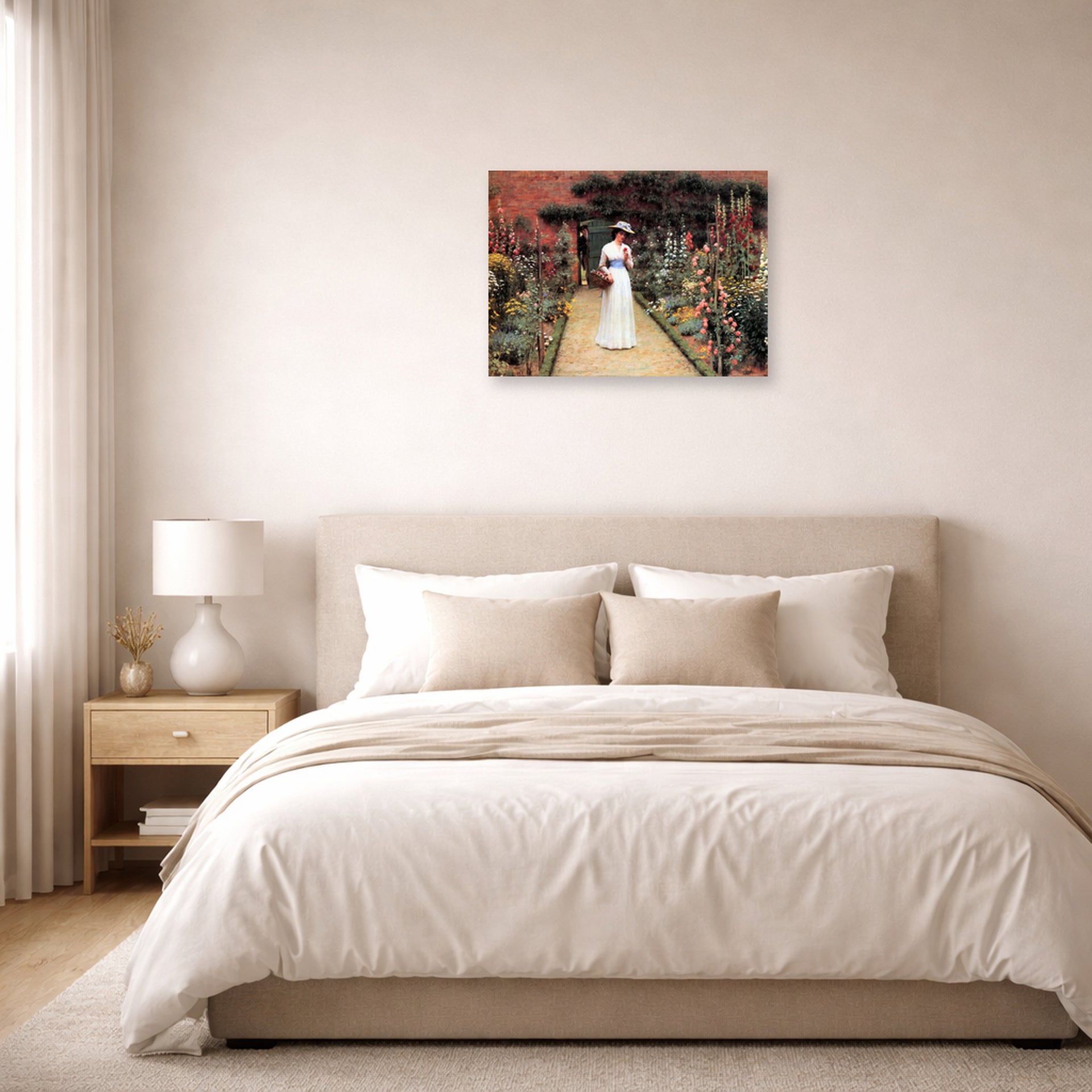 Unframed poster print of Edmund Blair Leighton's 'Lady in Garden' displayed on a wall in a bedroom