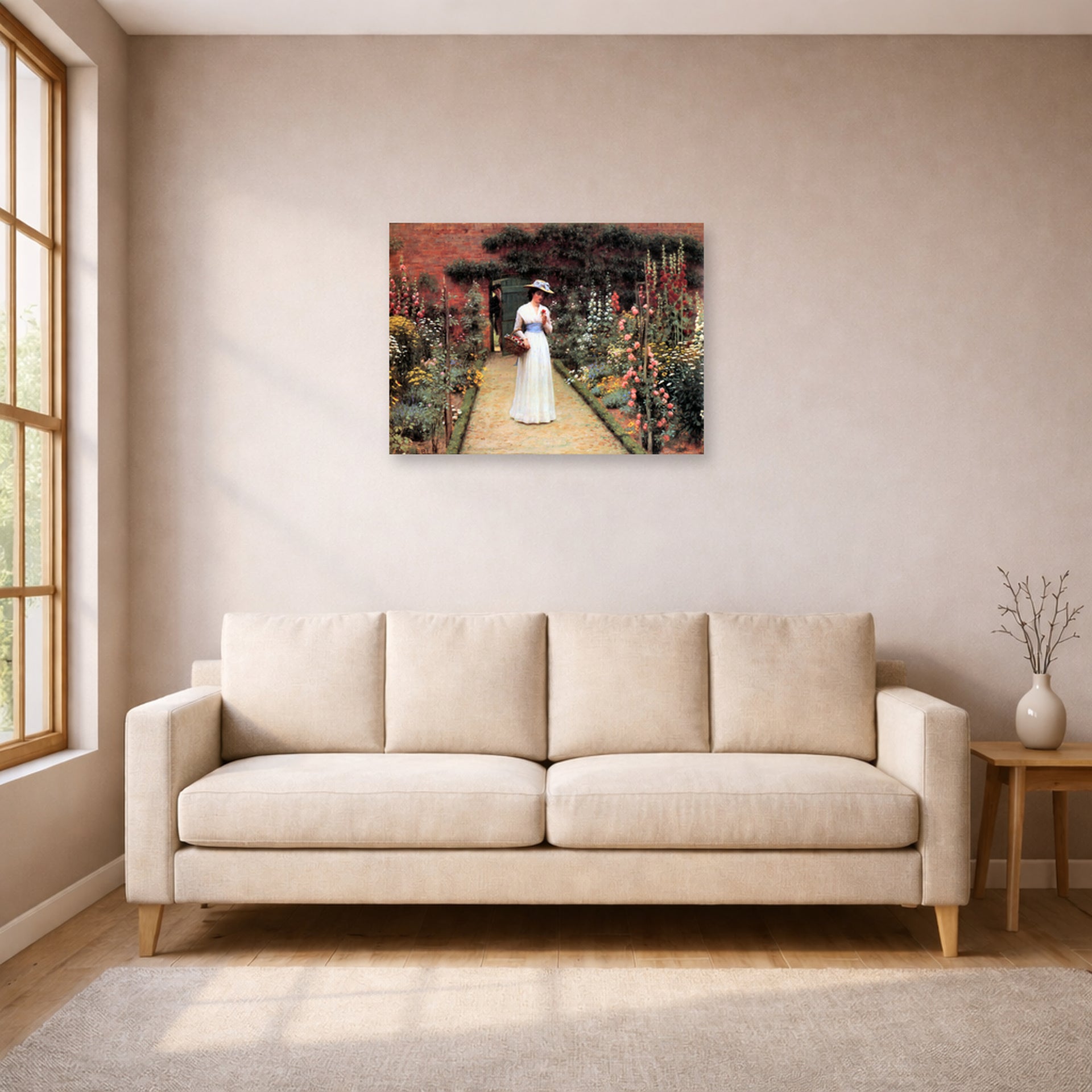 Unframed poster print of Edmund Blair Leighton's 'Lady in Garden' displayed on a wall in a living room