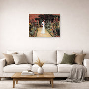 Unframed poster print of Edmund Blair Leighton's 'Lady in Garden' displayed on a wall in a living room