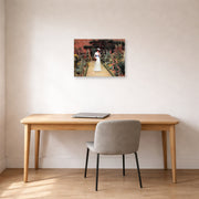 Unframed poster print of Edmund Blair Leighton's 'Lady in Garden' displayed on a wall in an office