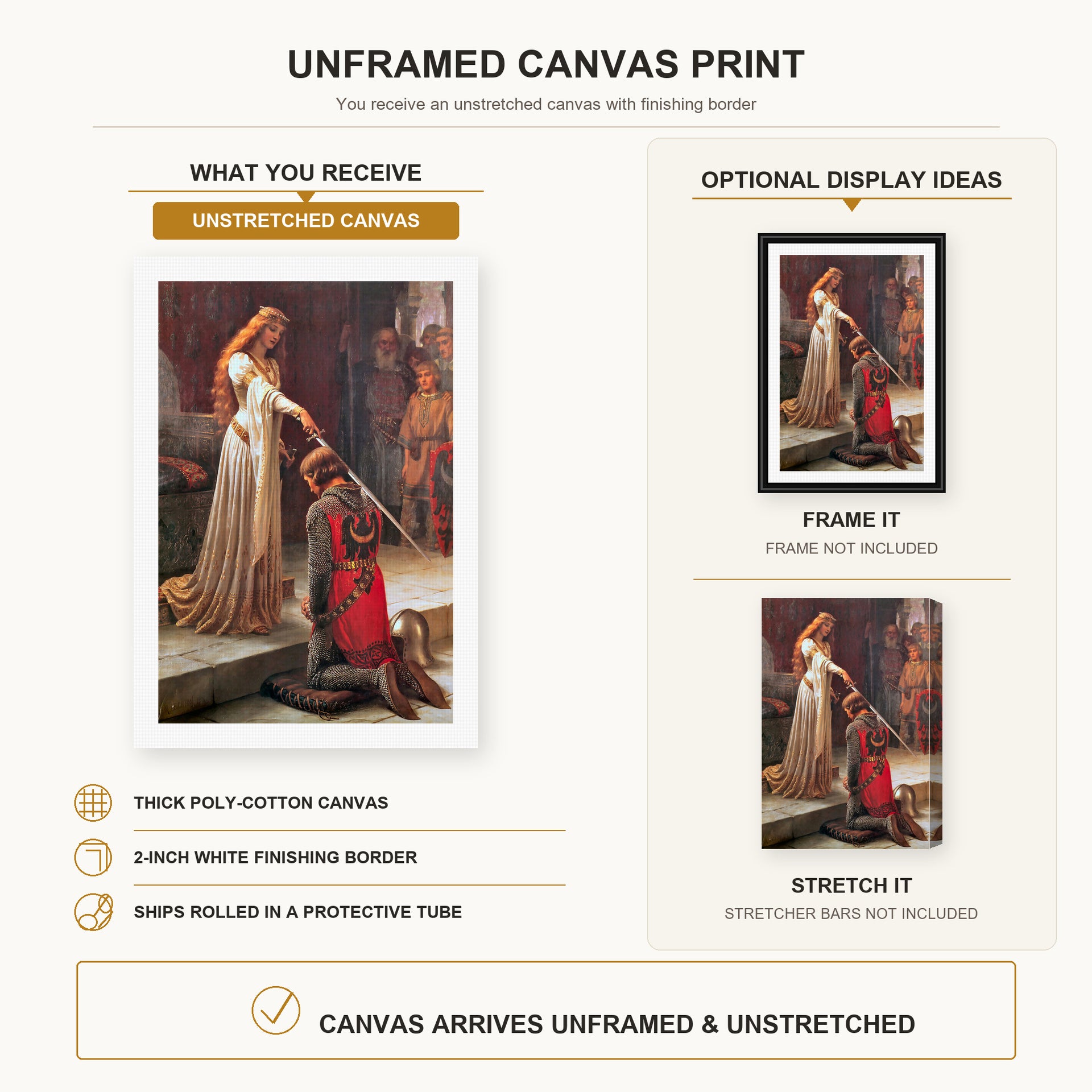 Edmund Blair Leighton - The Accolade canvas print size comparison and framing display infographic