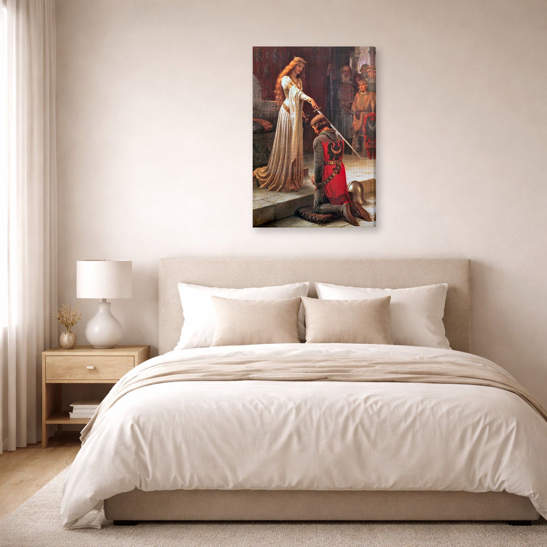 Gallery-wrapped canvas print of Edmund Blair Leighton's 'The Accolade' displayed on a wall in a bedroom