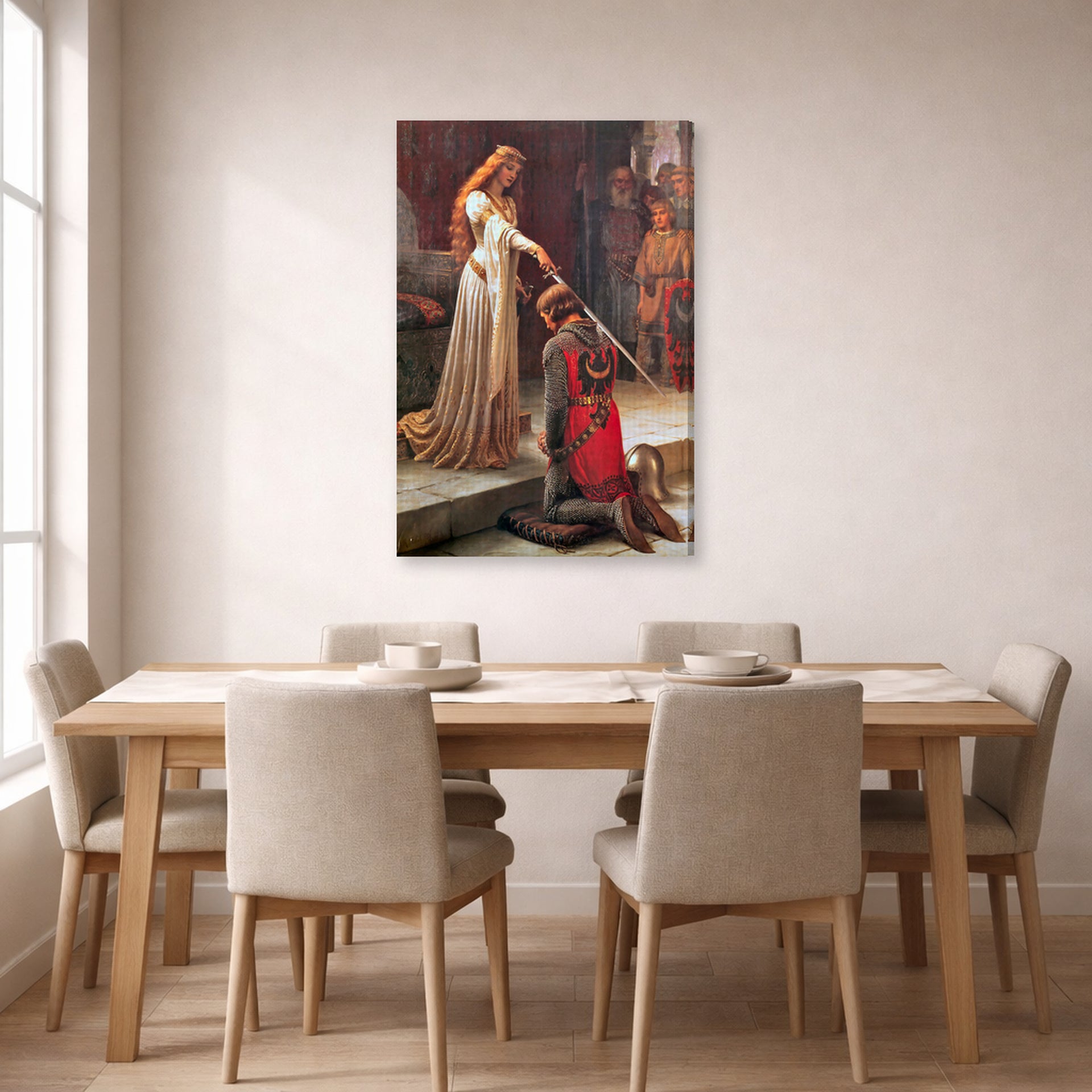 Gallery-wrapped canvas print of Edmund Blair Leighton's 'The Accolade' displayed on a wall in a dining room
