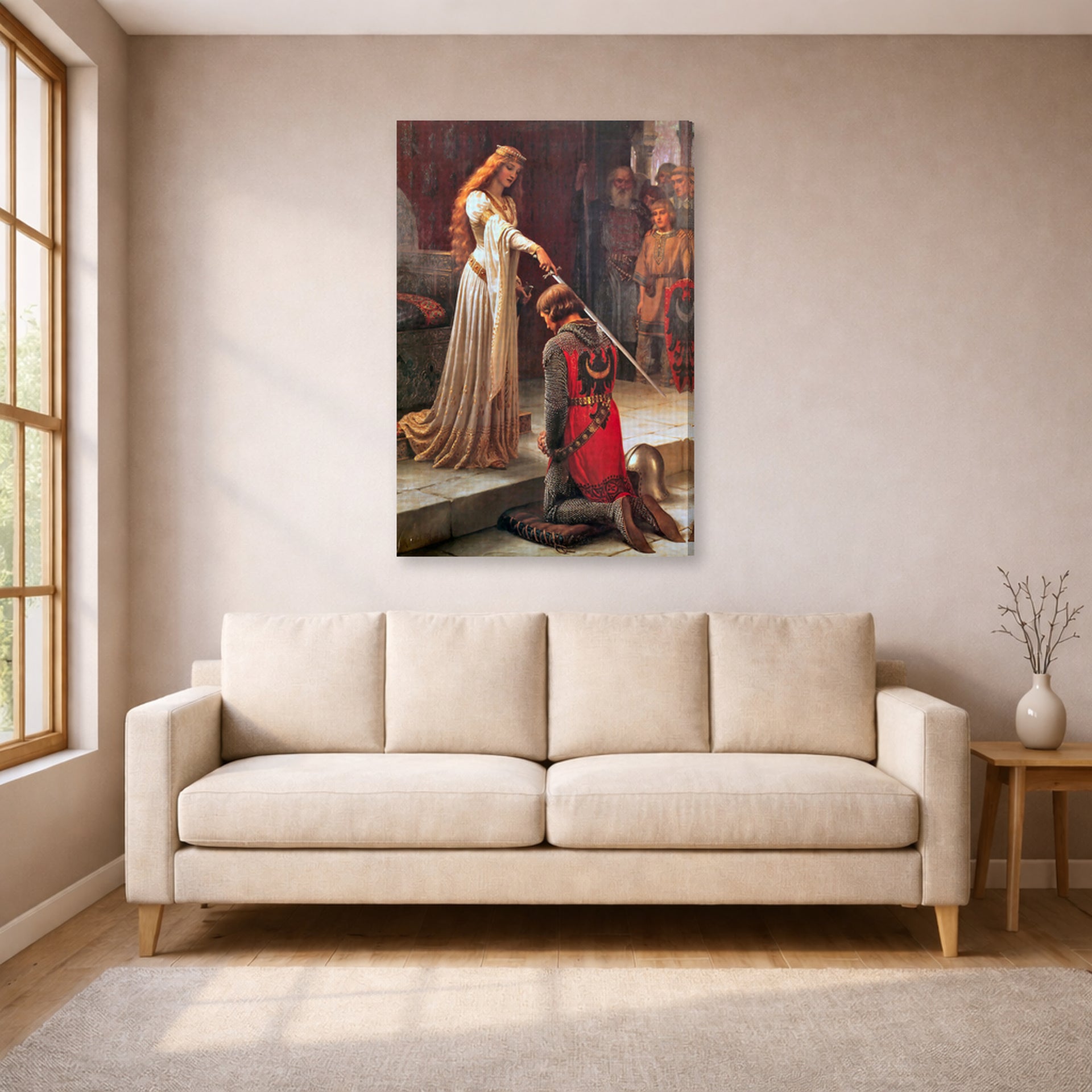 Gallery-wrapped canvas print of Edmund Blair Leighton's 'The Accolade' displayed on a wall in a living room