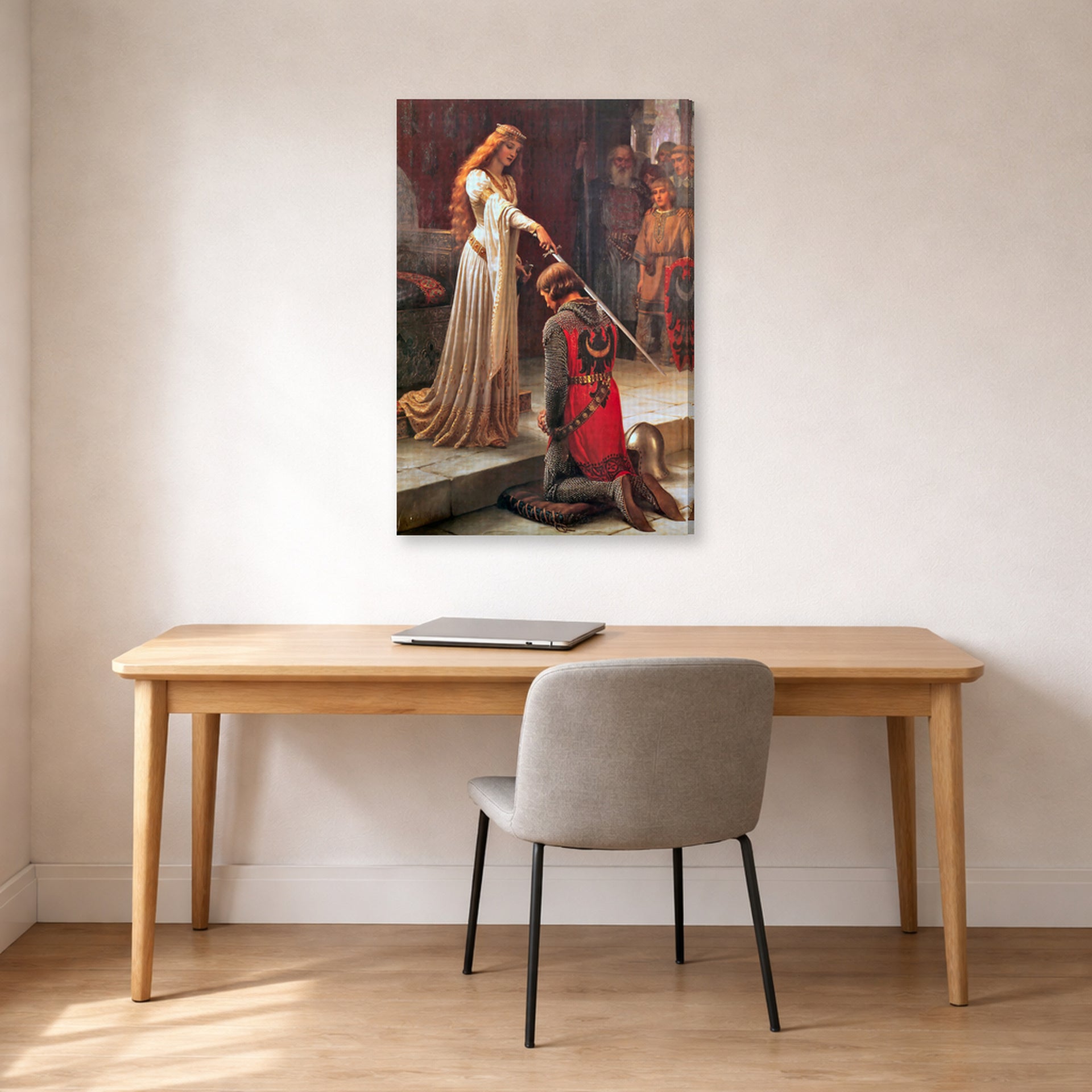 Gallery-wrapped canvas print of Edmund Blair Leighton's 'The Accolade' displayed on a wall in an office
