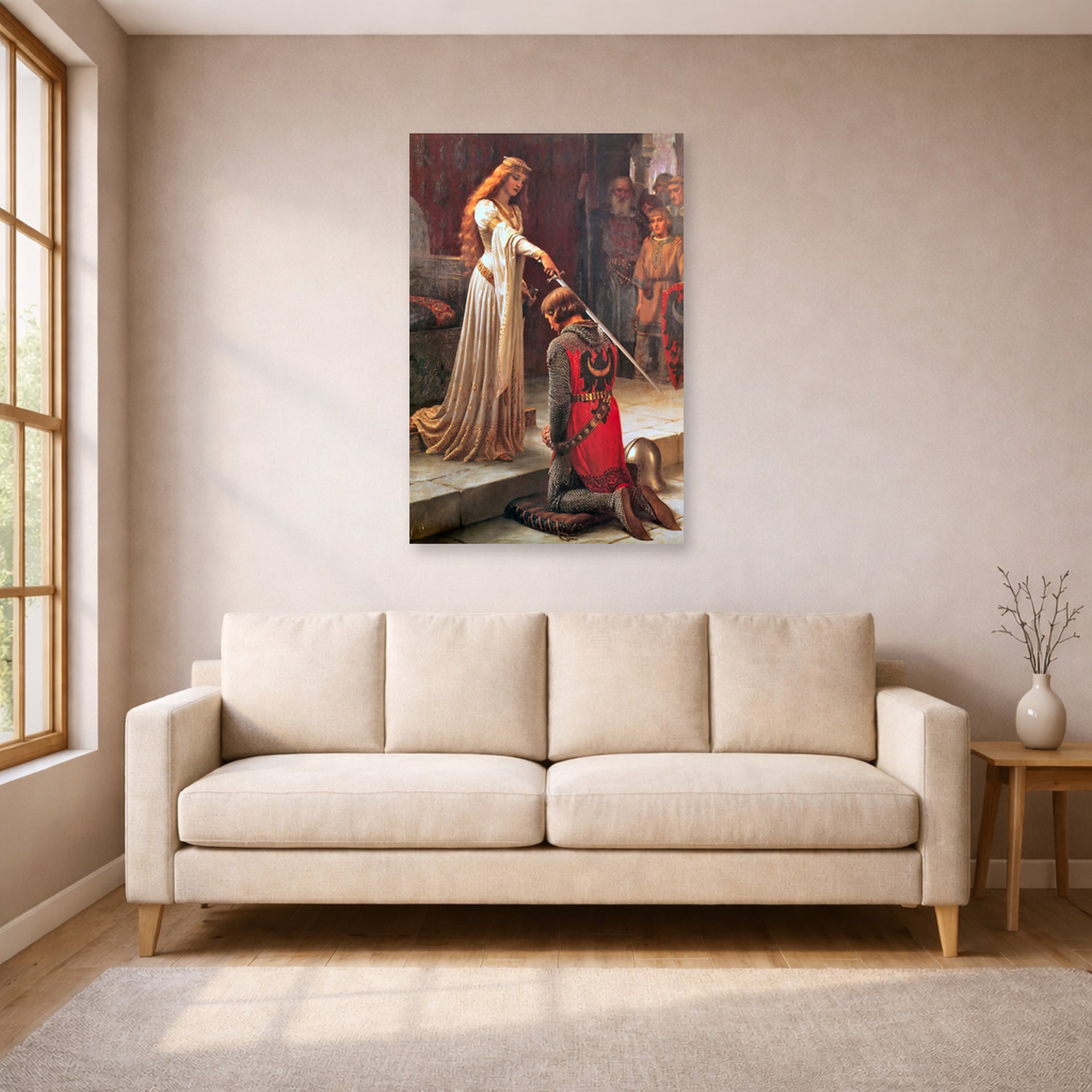 Unframed poster print of Edmund Blair Leighton's 'The Accolade' displayed on a wall in a living room
