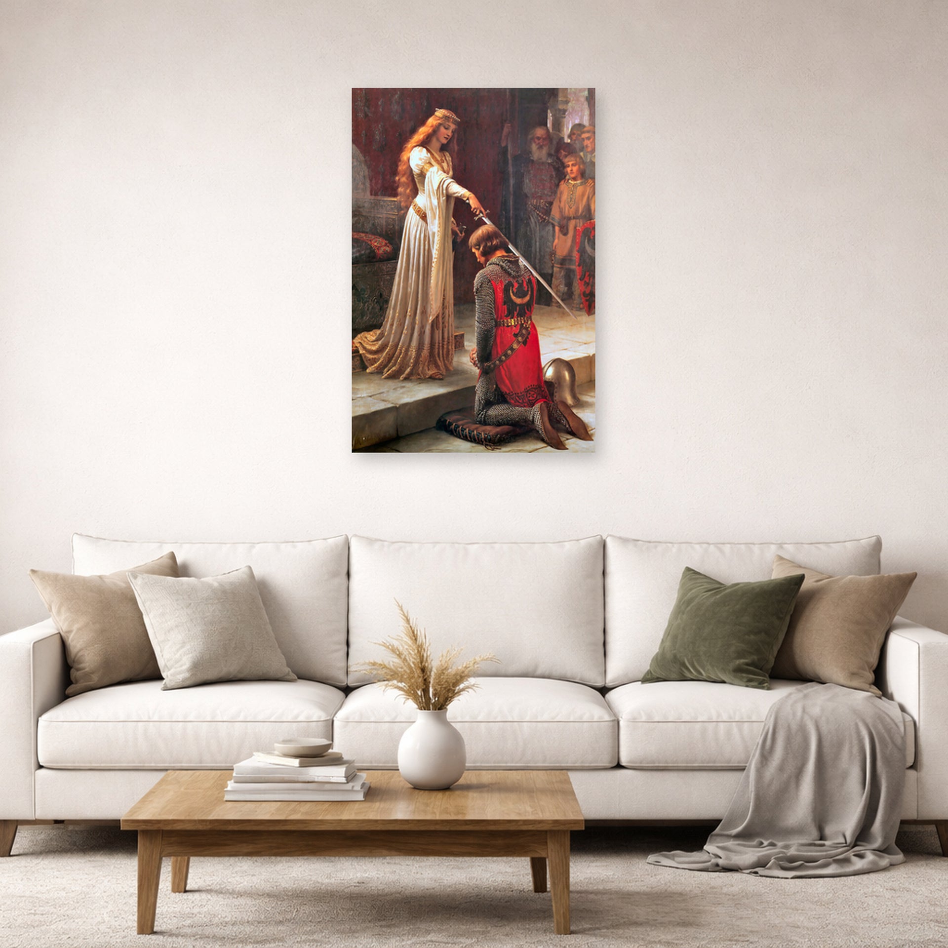 Unframed poster print of Edmund Blair Leighton's 'The Accolade' displayed on a wall in a living room