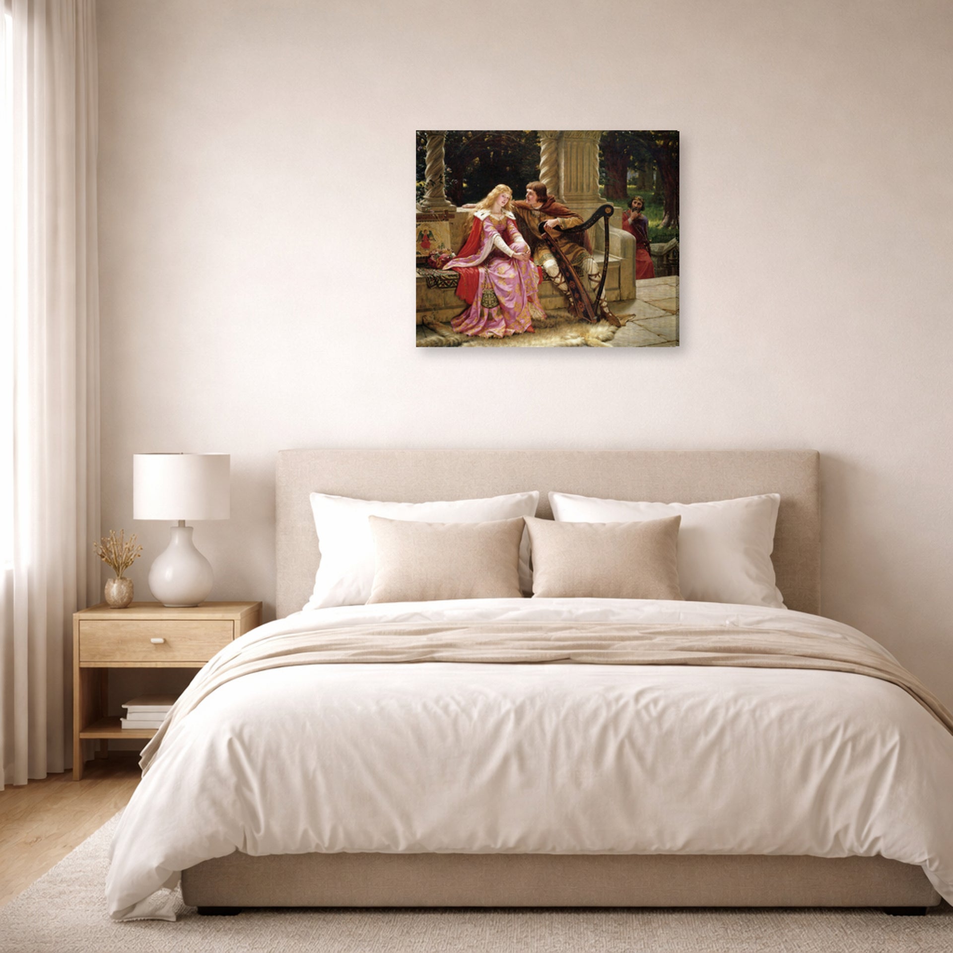 Gallery-wrapped canvas print of Edmund Blair Leighton's 'The End of the Song' displayed on a wall in a bedroom