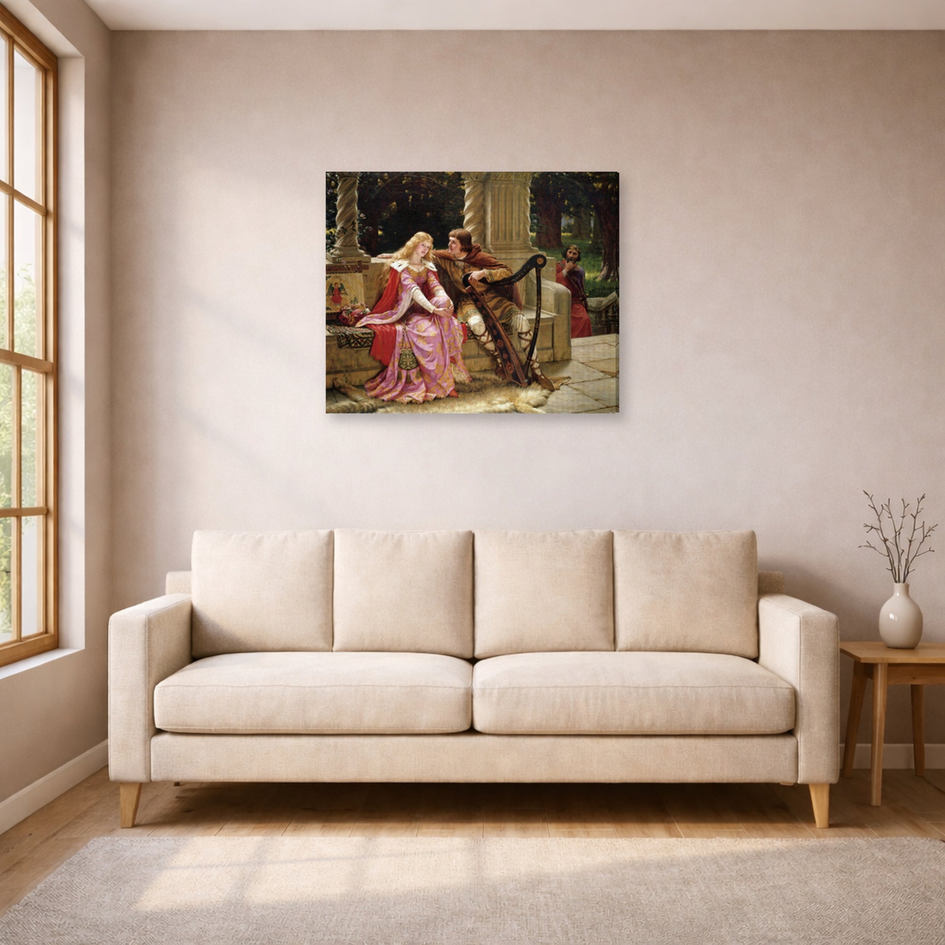 Gallery-wrapped canvas print of Edmund Blair Leighton's 'The End of the Song' displayed on a wall in a living room