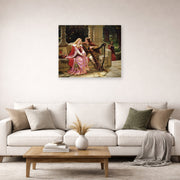 Unframed poster print of Edmund Blair Leighton's 'The End of the Song' displayed on a wall in a living room