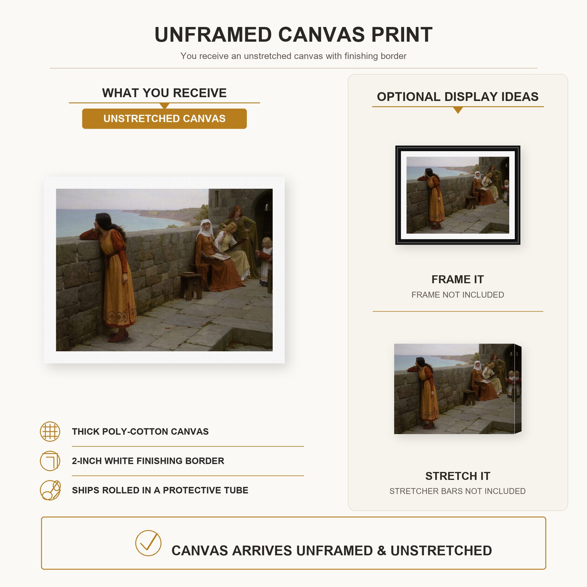 Edmund Blair Leighton - The Hostage canvas print size comparison and framing display infographic
