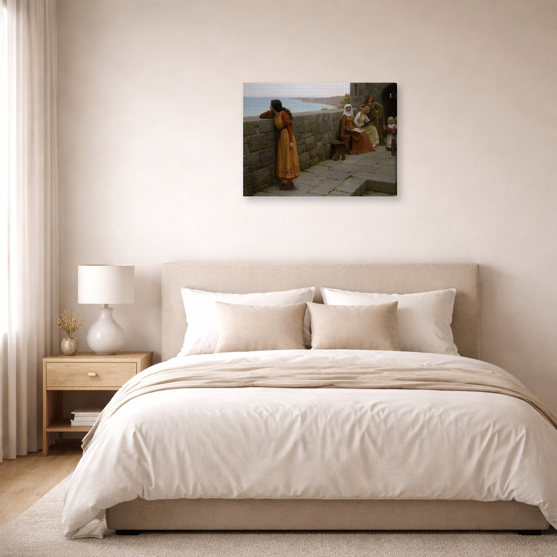 Gallery-wrapped canvas print of Edmund Blair Leighton's 'The Hostage' displayed on a wall in a bedroom
