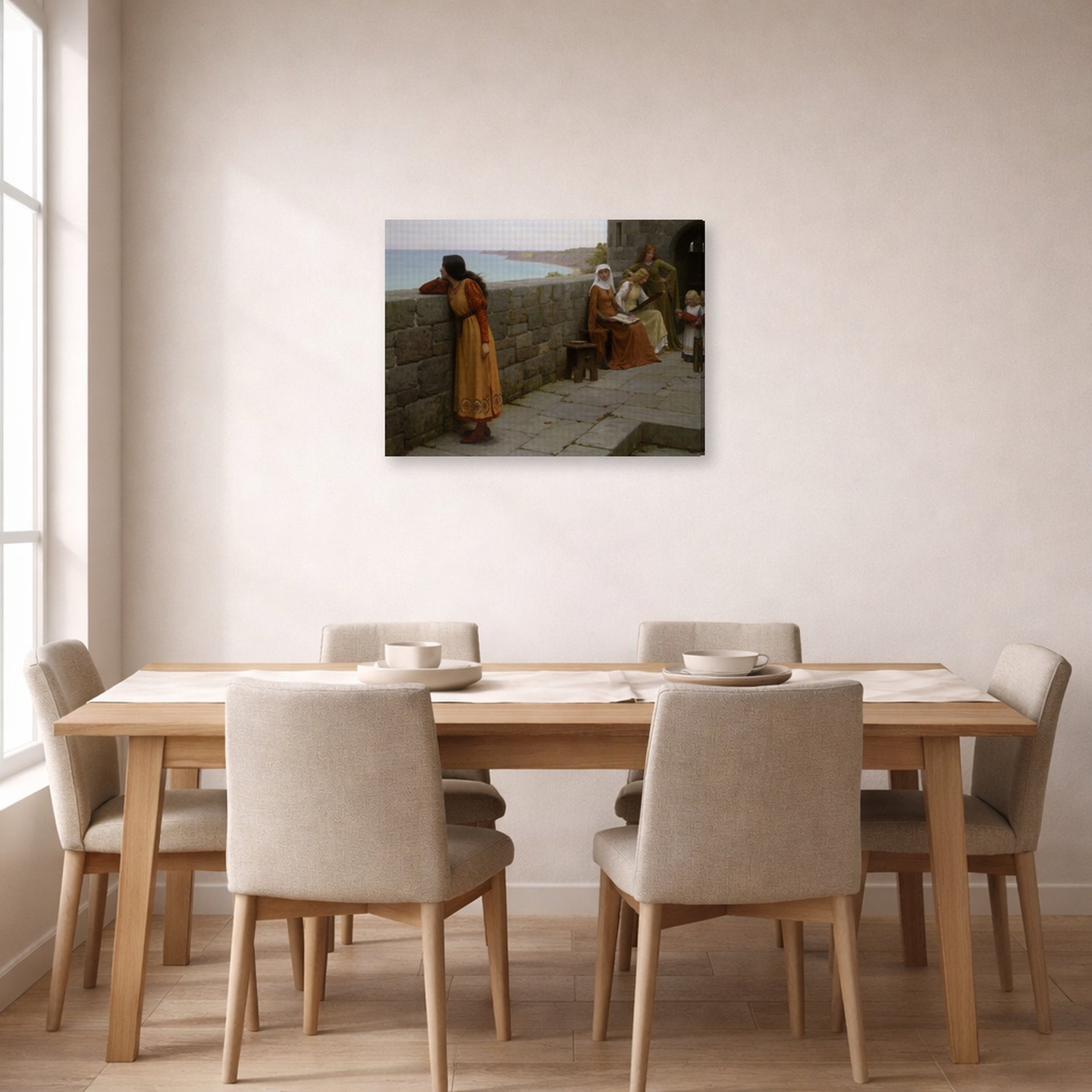 Gallery-wrapped canvas print of Edmund Blair Leighton's 'The Hostage' displayed on a wall in a dining room