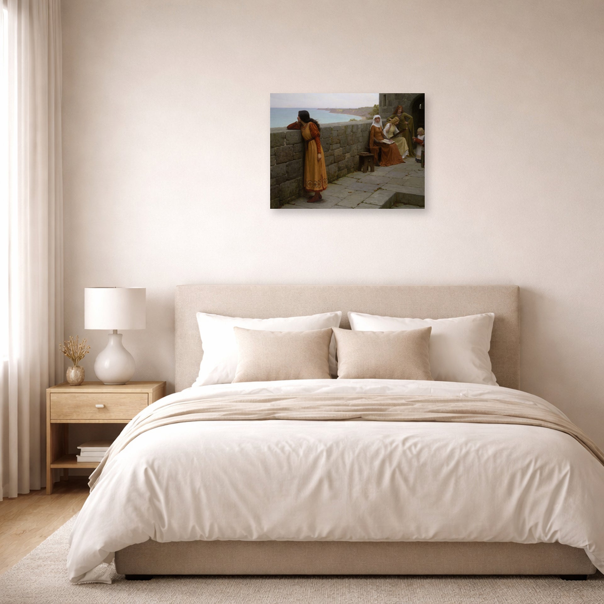 Unframed poster print of Edmund Blair Leighton's 'The Hostage' displayed on a wall in a bedroom