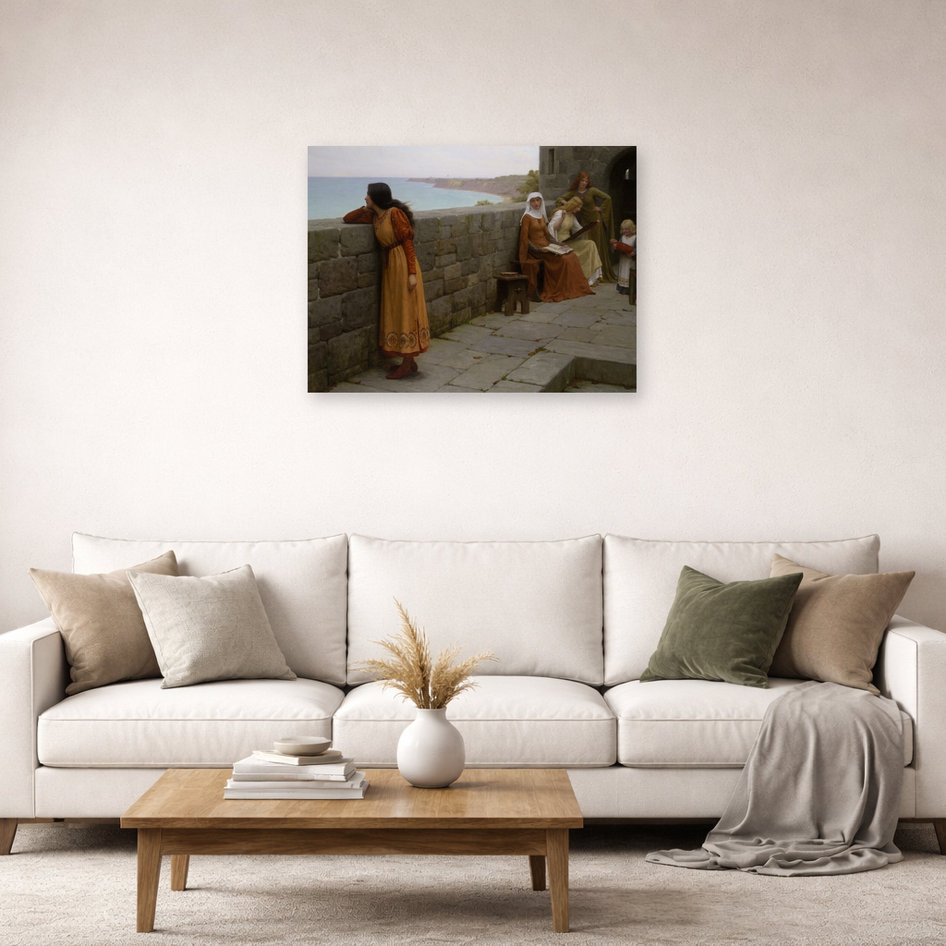 Unframed poster print of Edmund Blair Leighton's 'The Hostage' displayed on a wall in a living room