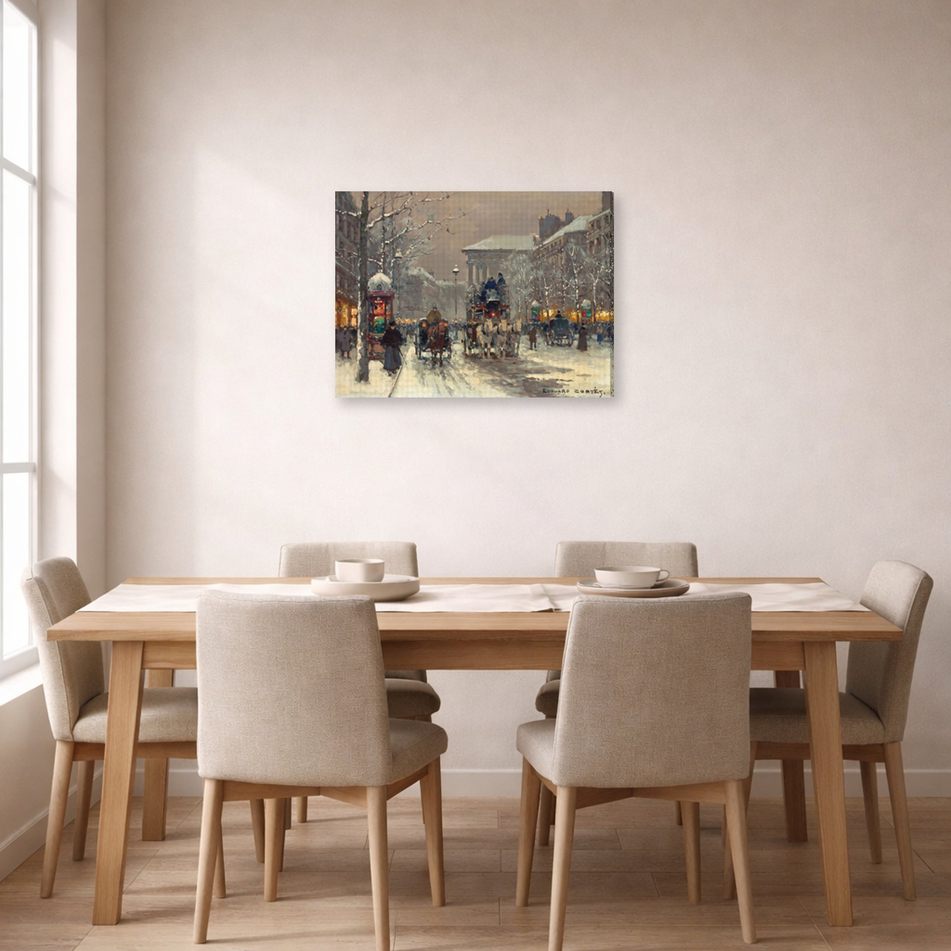 Gallery-wrapped canvas print of Édouard Cortès's Boulevard de la Madeleine displayed on a wall in a dining room