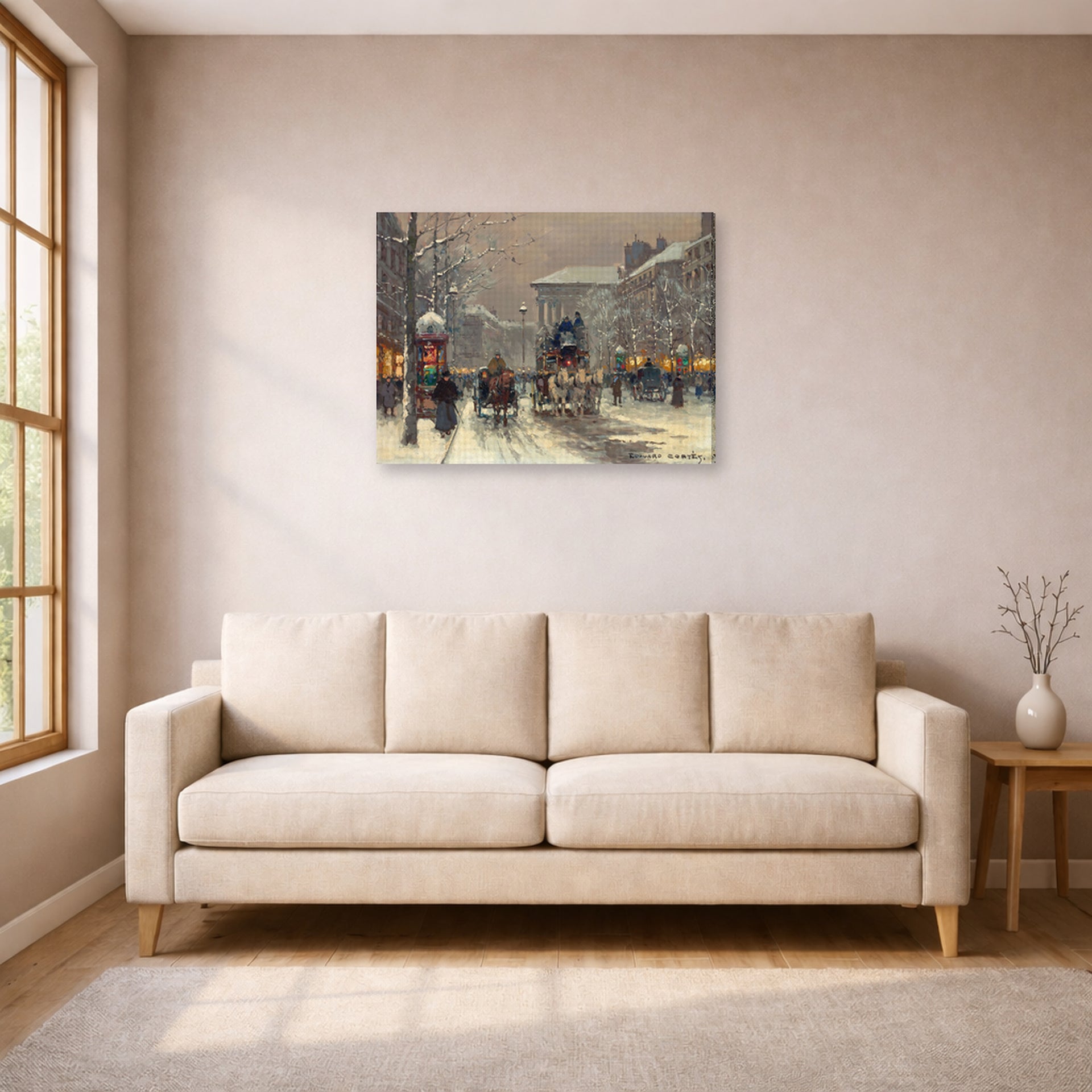 Gallery-wrapped canvas print of Édouard Cortès's Boulevard de la Madeleine displayed on a wall in a living room