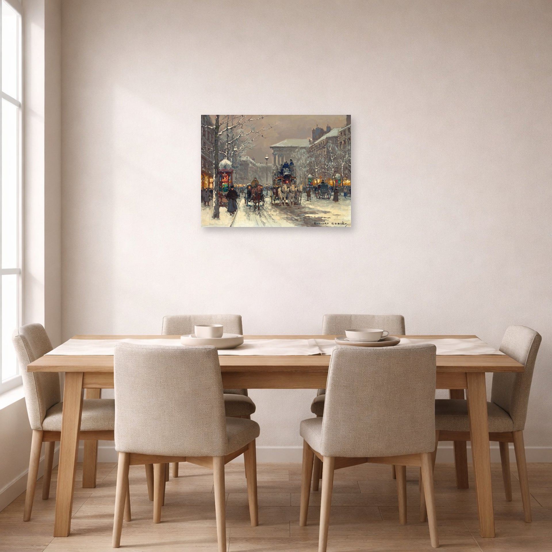 Unframed poster print of Édouard Cortès's Boulevard de la Madeleine displayed on a wall in a dining room