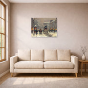 Unframed poster print of Édouard Cortès's Boulevard de la Madeleine displayed on a wall in a living room