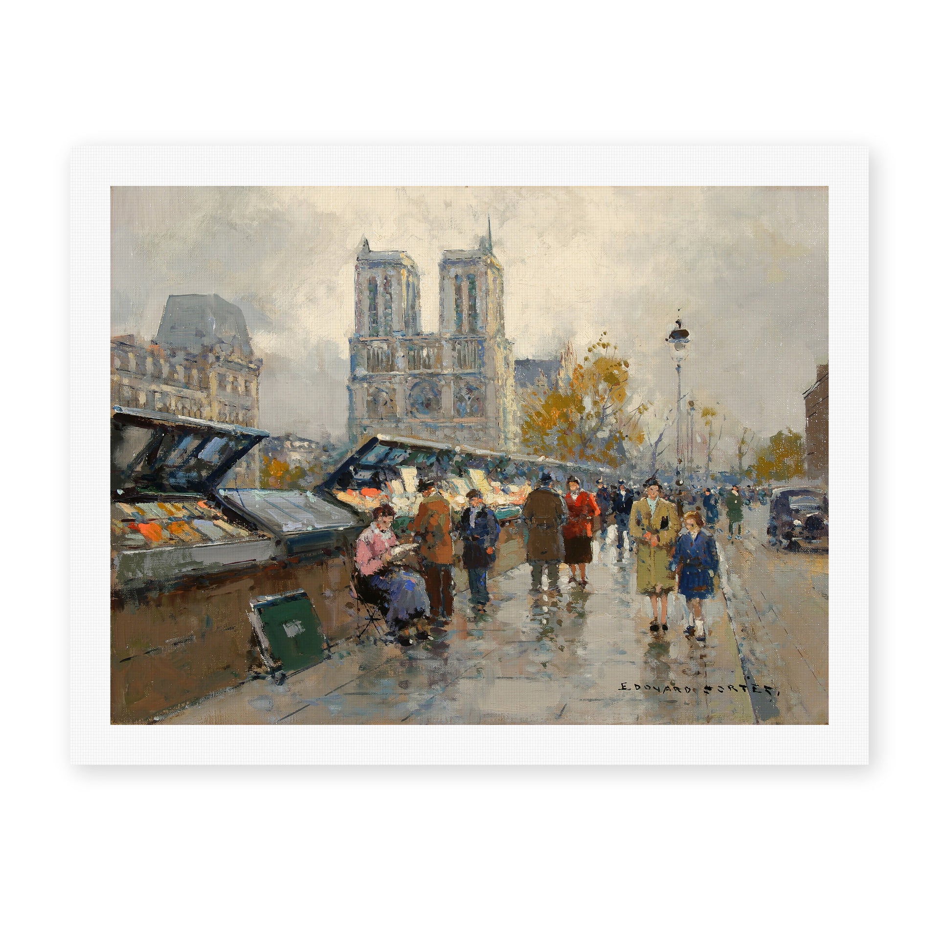Édouard Cortès's 'Bouquinistes, Notre Dame' painting reproduced as a rolled canvas print