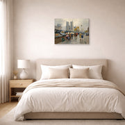 Gallery-wrapped canvas print of Édouard Cortès's Bouquinistes, Notre Dame displayed on a wall in a bedroom