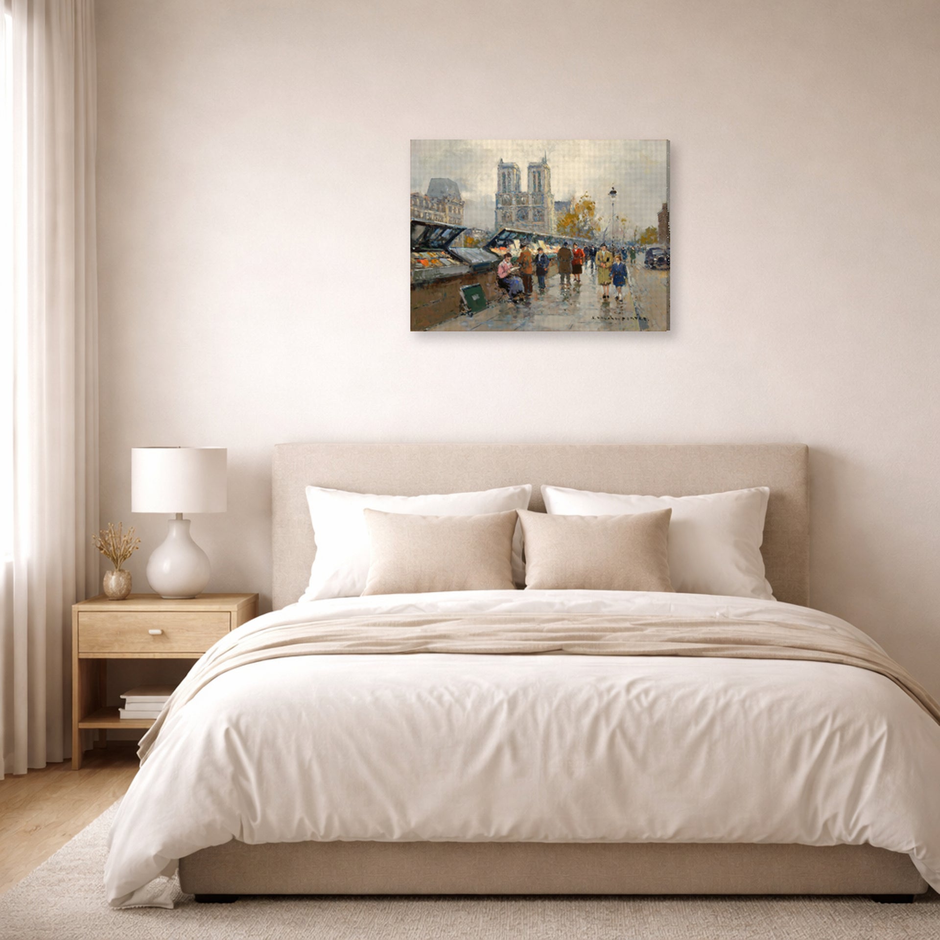 Gallery-wrapped canvas print of Édouard Cortès's Bouquinistes, Notre Dame displayed on a wall in a bedroom