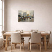 Gallery-wrapped canvas print of Édouard Cortès's Bouquinistes, Notre Dame displayed on a wall in a dining room