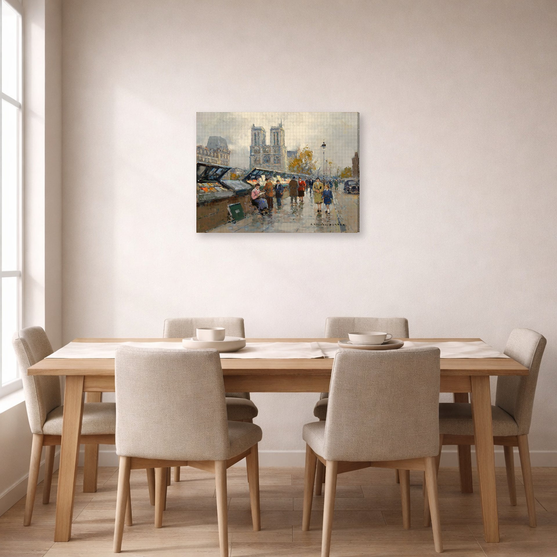 Gallery-wrapped canvas print of Édouard Cortès's Bouquinistes, Notre Dame displayed on a wall in a dining room