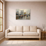 Gallery-wrapped canvas print of Édouard Cortès's Bouquinistes, Notre Dame displayed on a wall in a living room