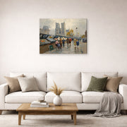 Gallery-wrapped canvas print of Édouard Cortès's Bouquinistes, Notre Dame displayed on a wall in a living room