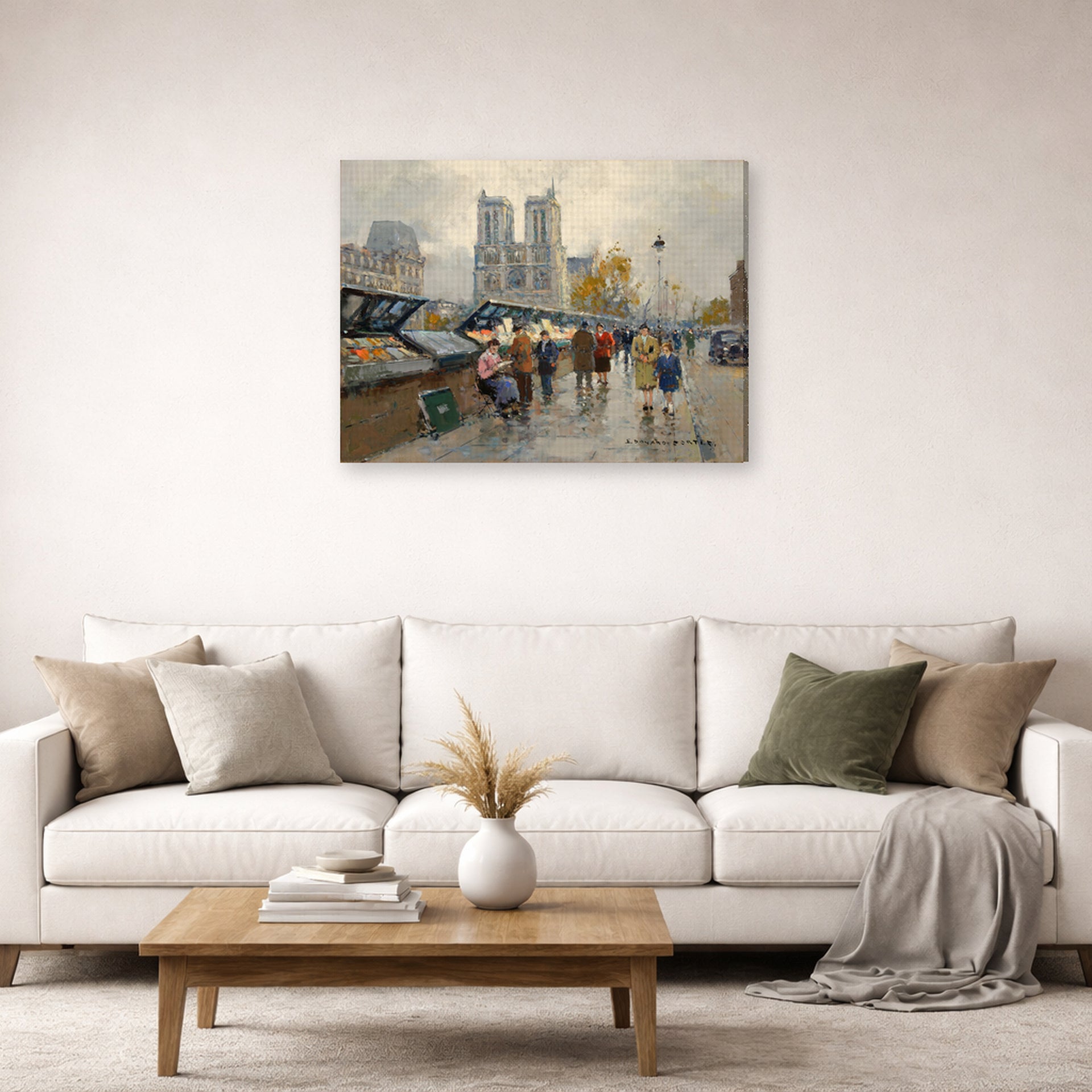 Gallery-wrapped canvas print of Édouard Cortès's Bouquinistes, Notre Dame displayed on a wall in a living room
