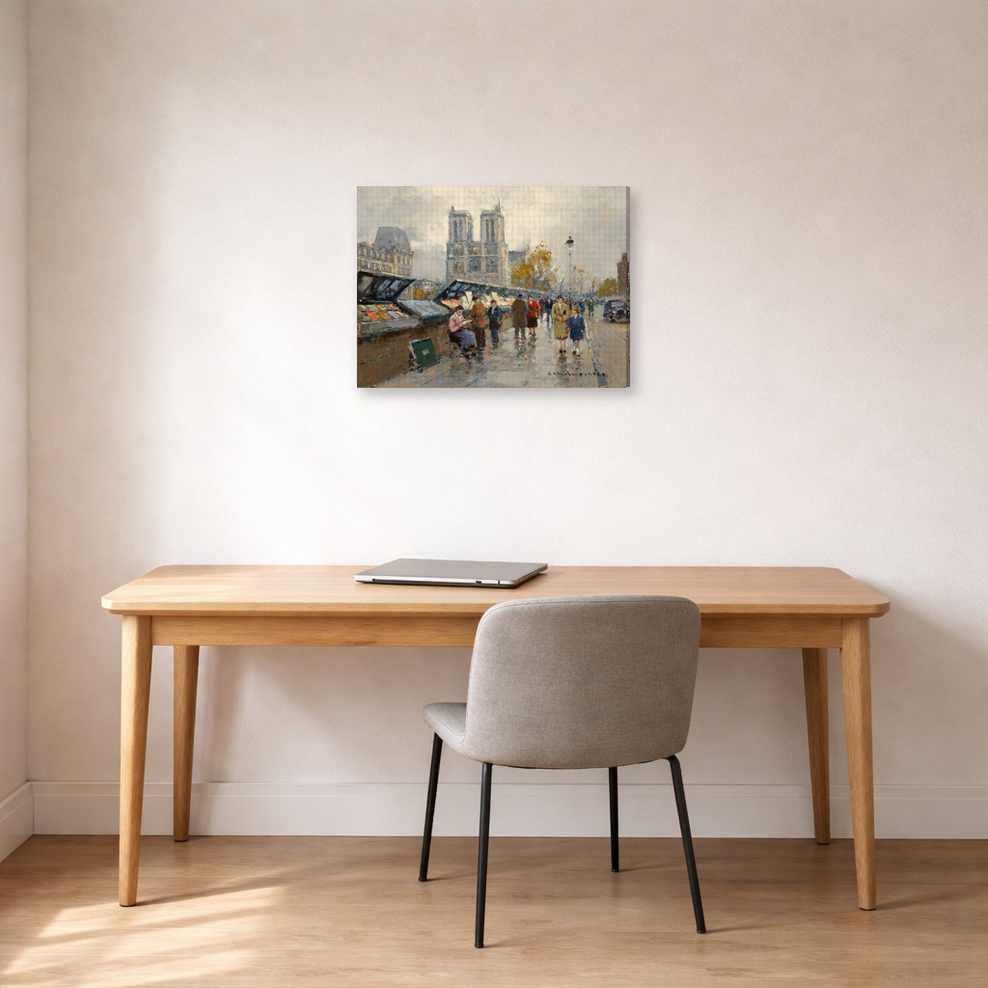 Gallery-wrapped canvas print of Édouard Cortès's Bouquinistes, Notre Dame displayed on a wall in an office