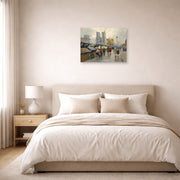 Unframed poster print of Édouard Cortès's Bouquinistes, Notre Dame displayed on a wall in a bedroom