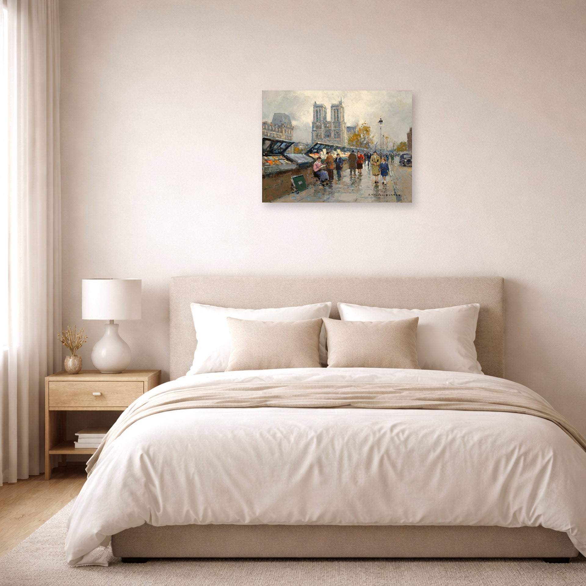 Unframed poster print of Édouard Cortès's Bouquinistes, Notre Dame displayed on a wall in a bedroom