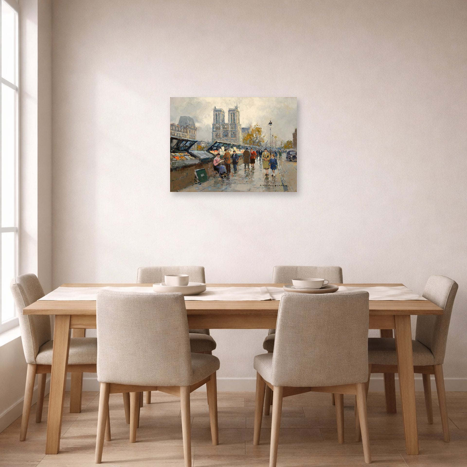 Unframed poster print of Édouard Cortès's Bouquinistes, Notre Dame displayed on a wall in a dining room