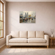 Unframed poster print of Édouard Cortès's Bouquinistes, Notre Dame displayed on a wall in a living room