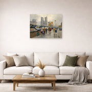 Unframed poster print of Édouard Cortès's Bouquinistes, Notre Dame displayed on a wall in a living room