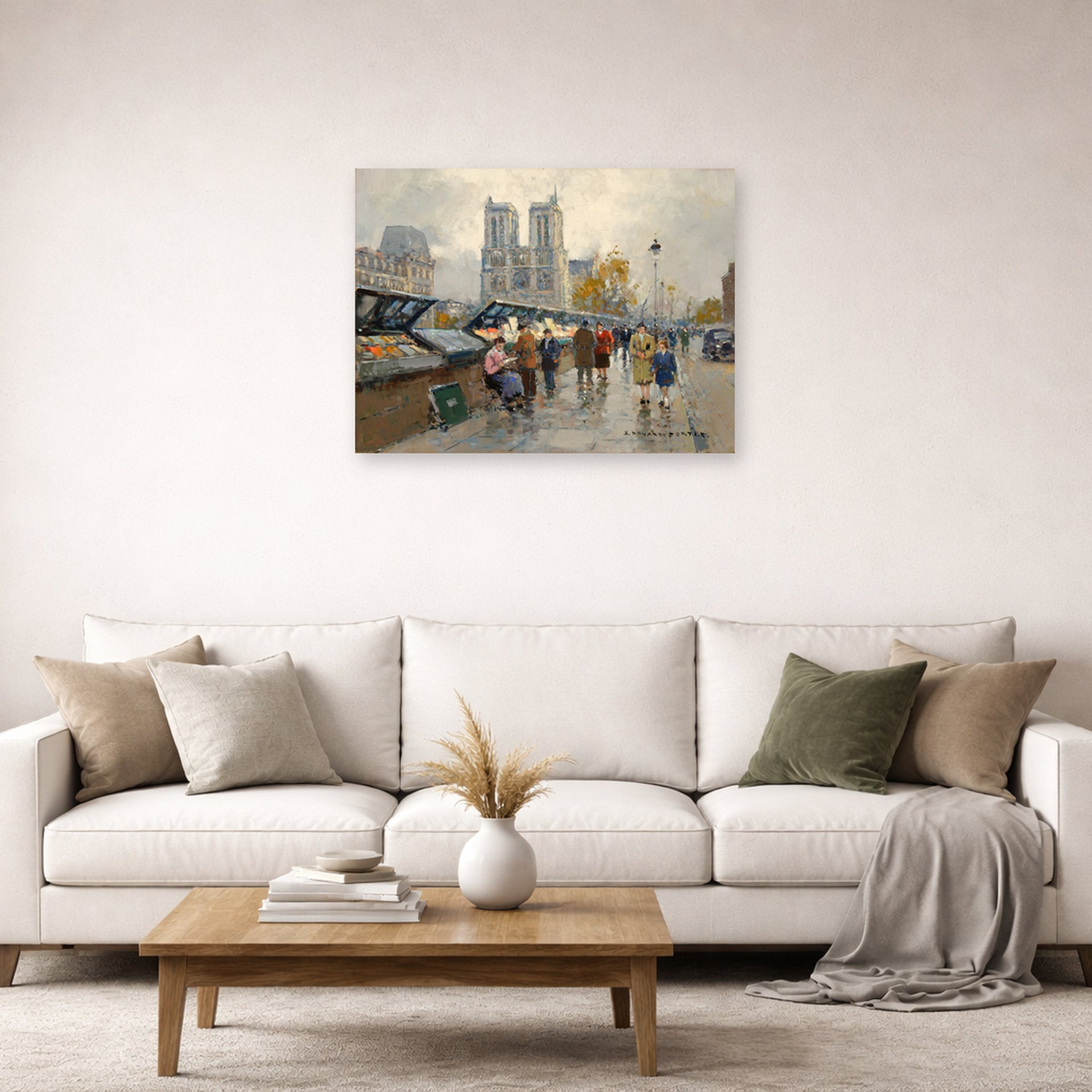 Unframed poster print of Édouard Cortès's Bouquinistes, Notre Dame displayed on a wall in a living room