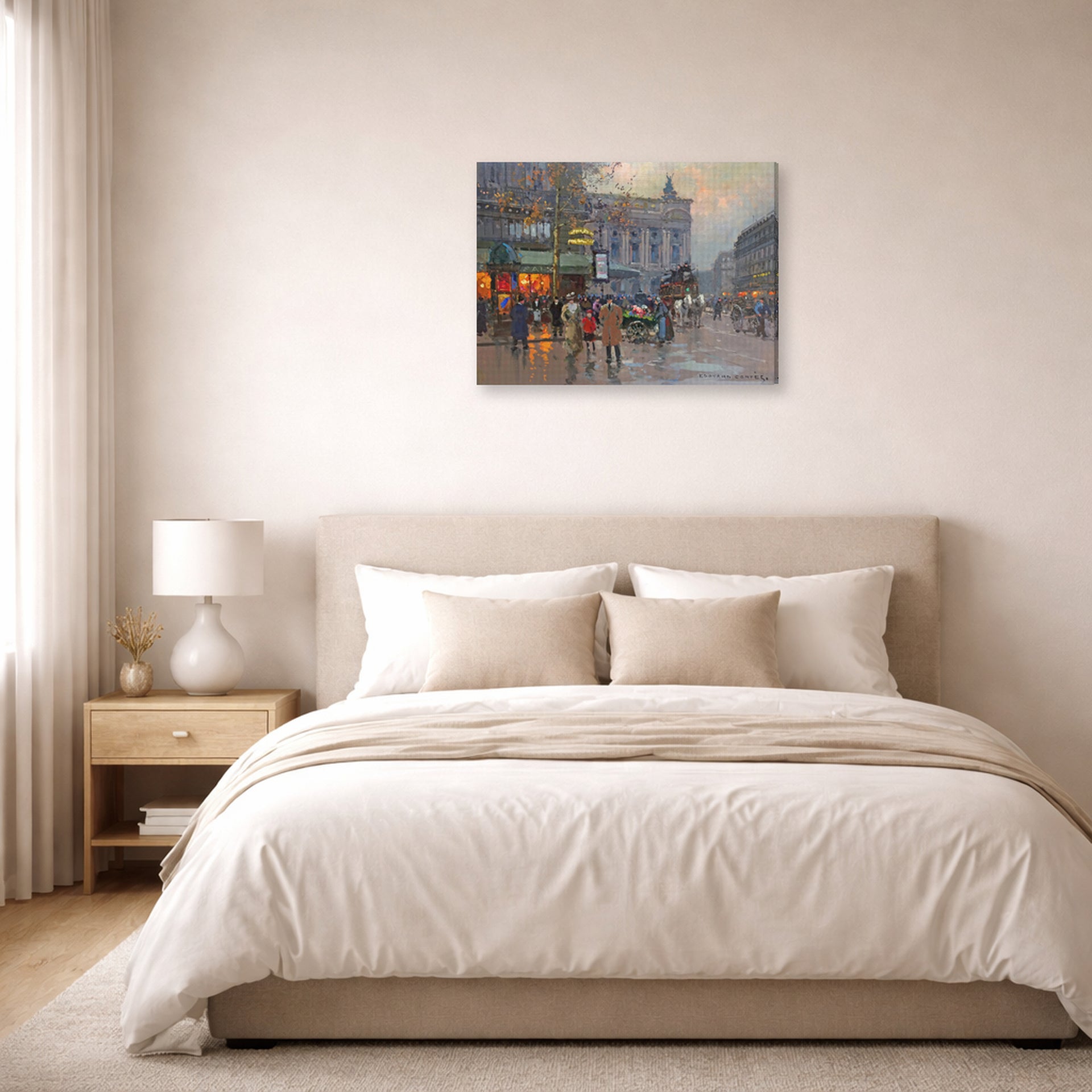 Gallery-wrapped canvas print of Édouard Cortès's Cafe de la paix displayed on a wall in a bedroom