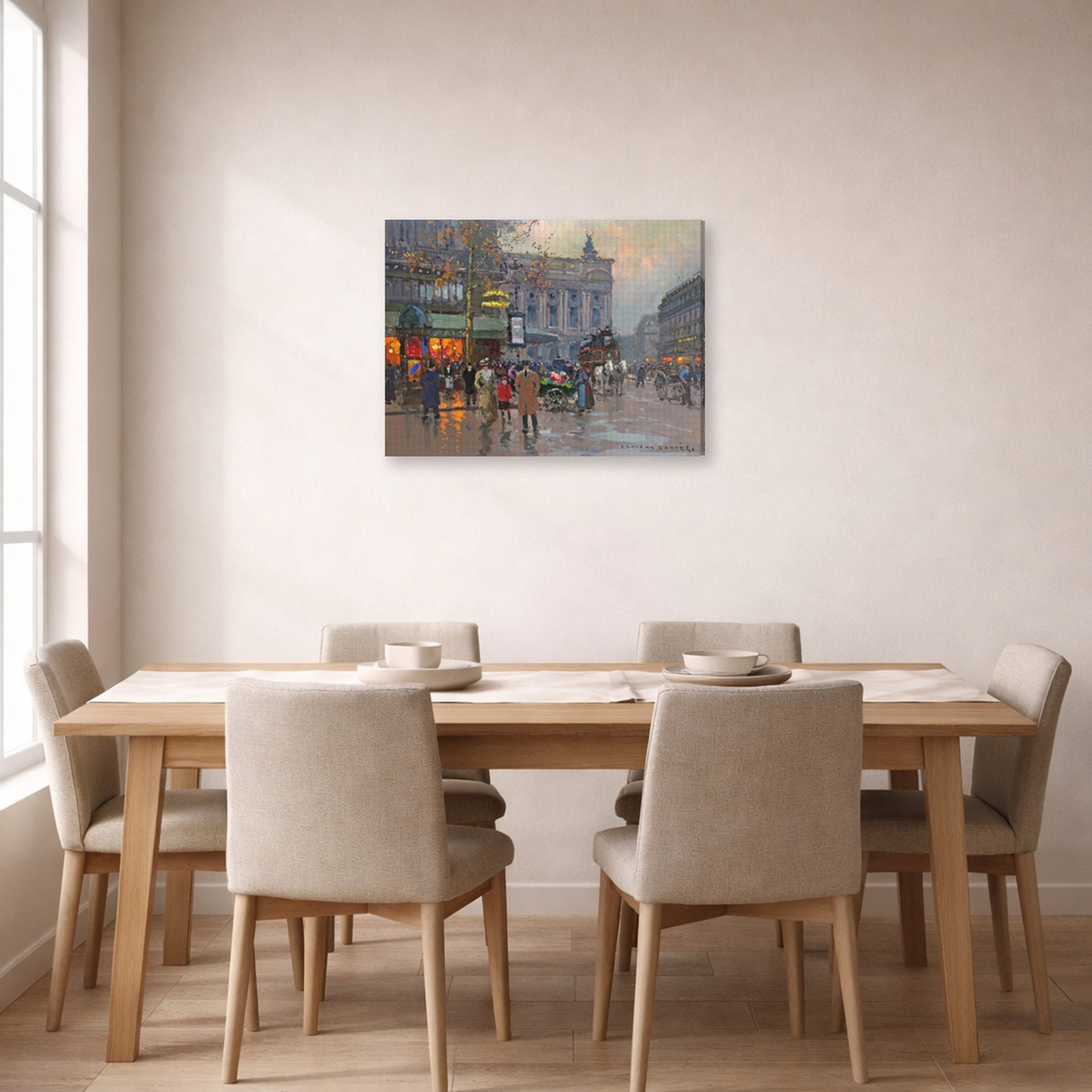 Gallery-wrapped canvas print of Édouard Cortès's Cafe de la paix displayed on a wall in a dining room
