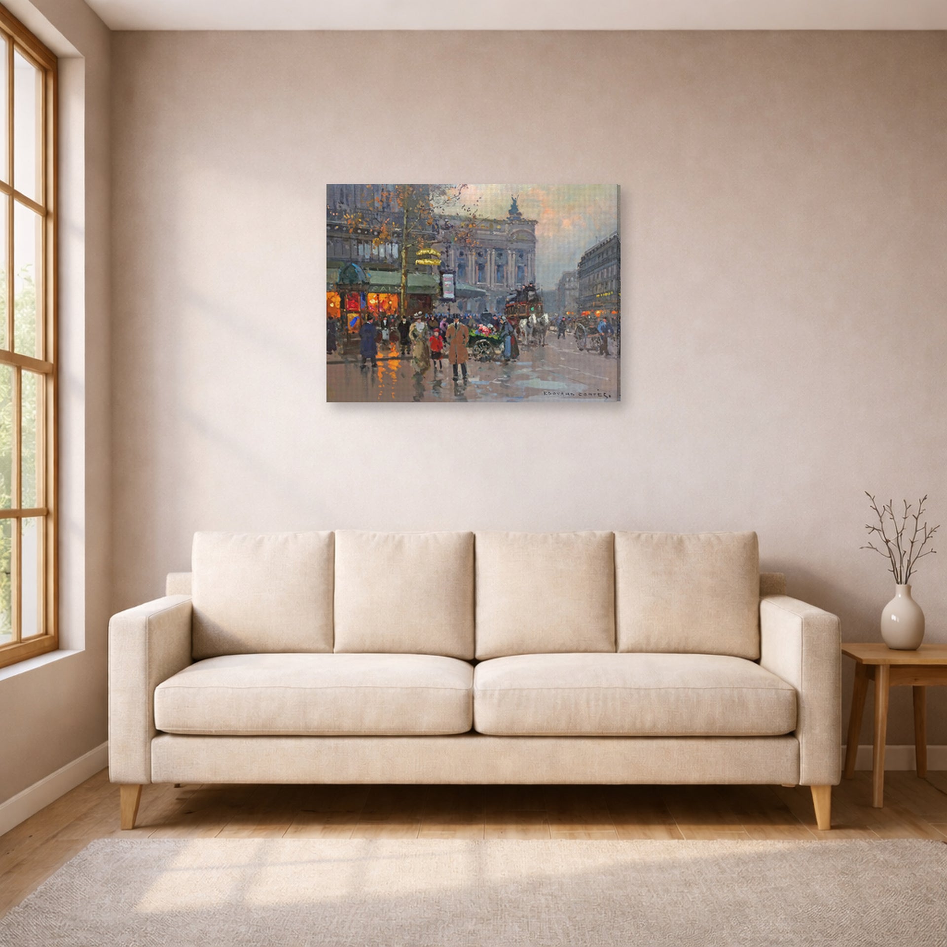 Gallery-wrapped canvas print of Édouard Cortès's Cafe de la paix displayed on a wall in a living room