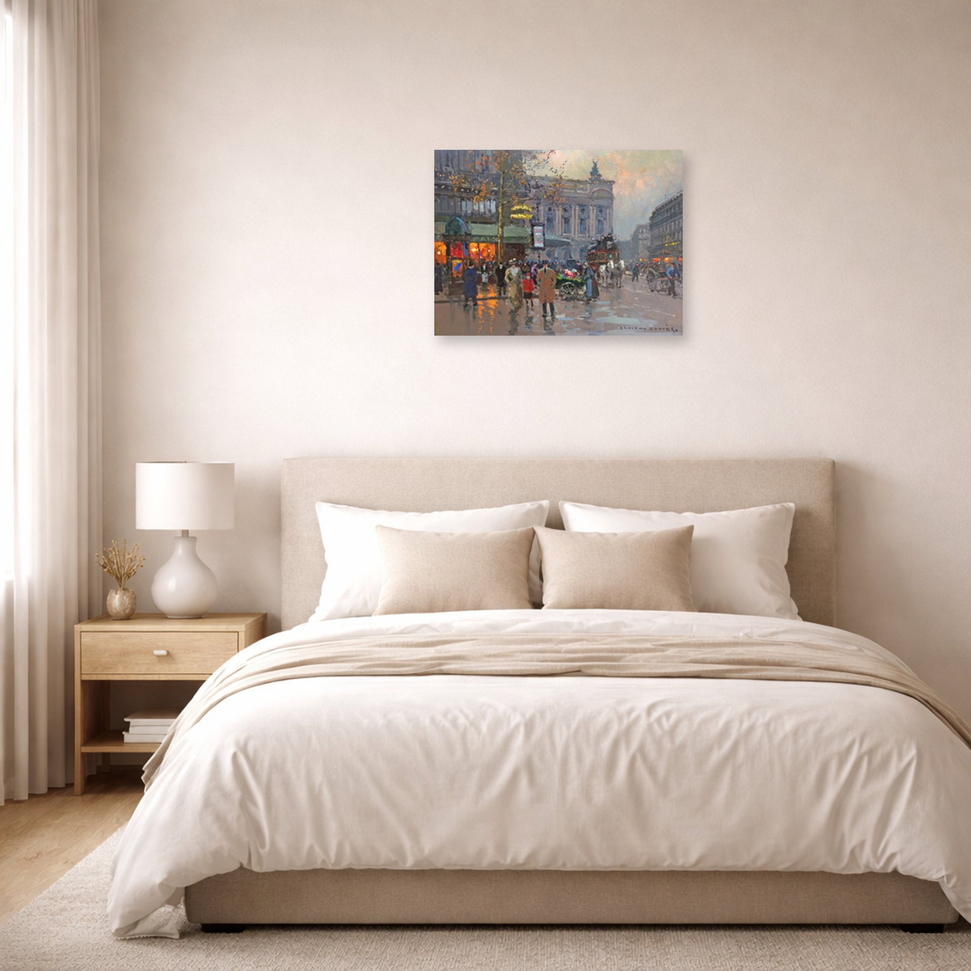Unframed poster print of Édouard Cortès's Cafe de la paix displayed on a wall in a bedroom