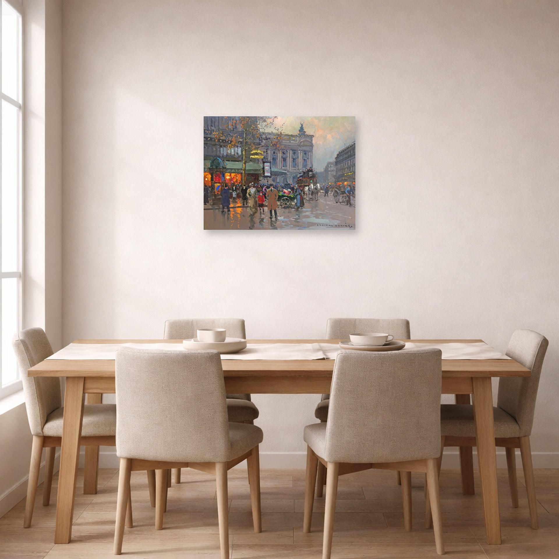 Unframed poster print of Édouard Cortès's Cafe de la paix displayed on a wall in a dining room