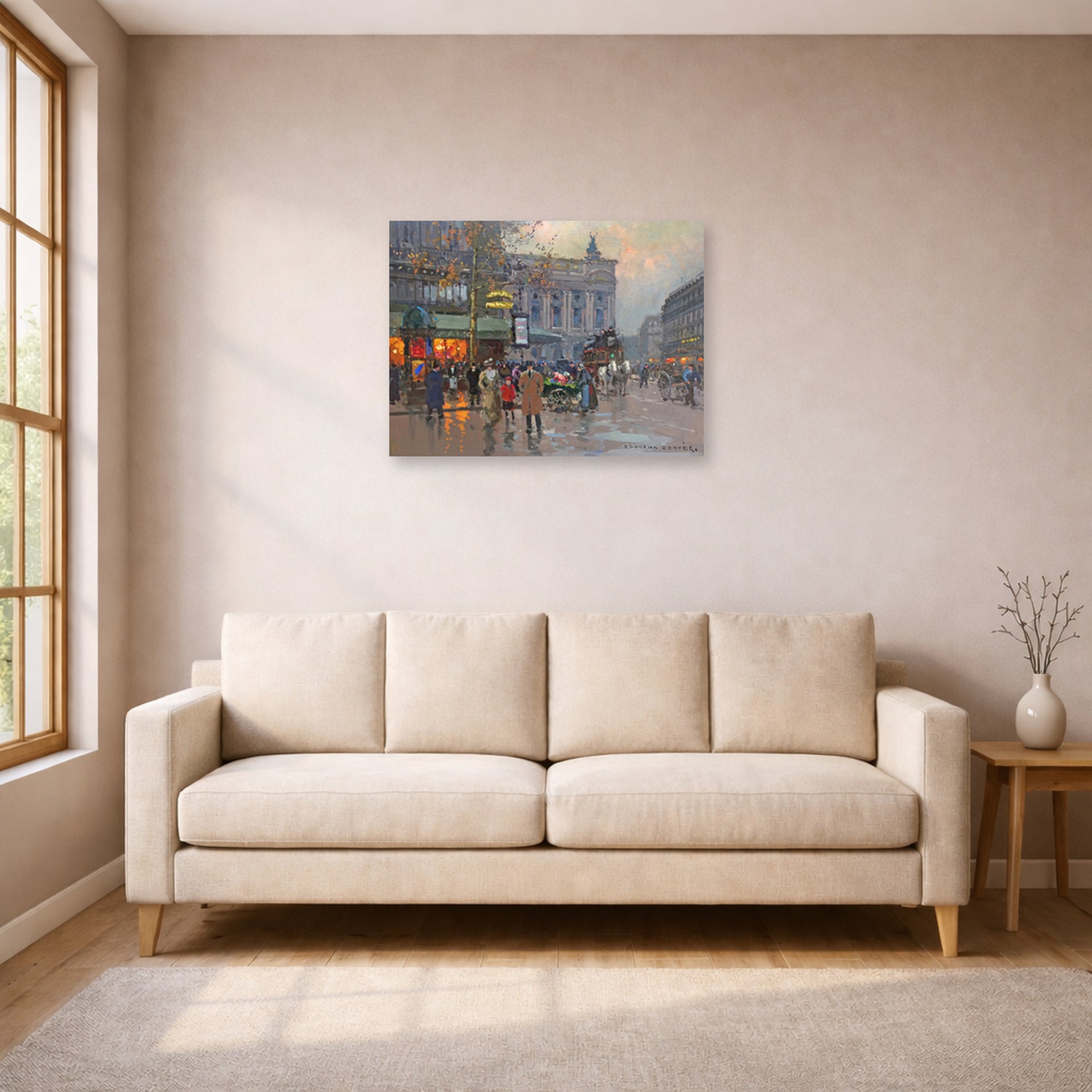 Unframed poster print of Édouard Cortès's Cafe de la paix displayed on a wall in a living room
