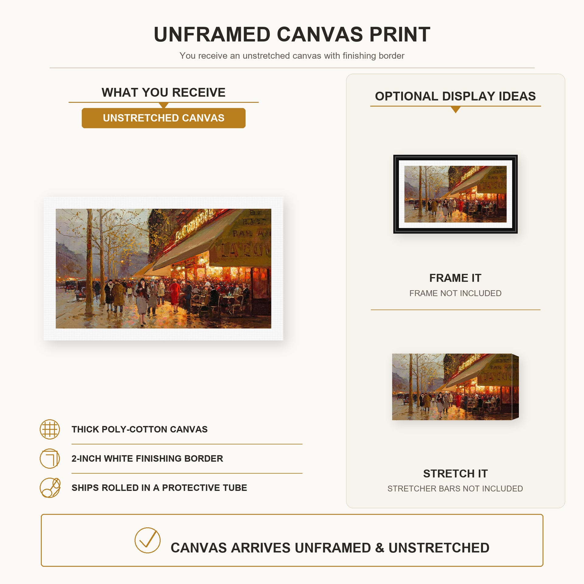 Édouard Cortès - La Coupole, Montparnasse canvas print size comparison and framing display infographic