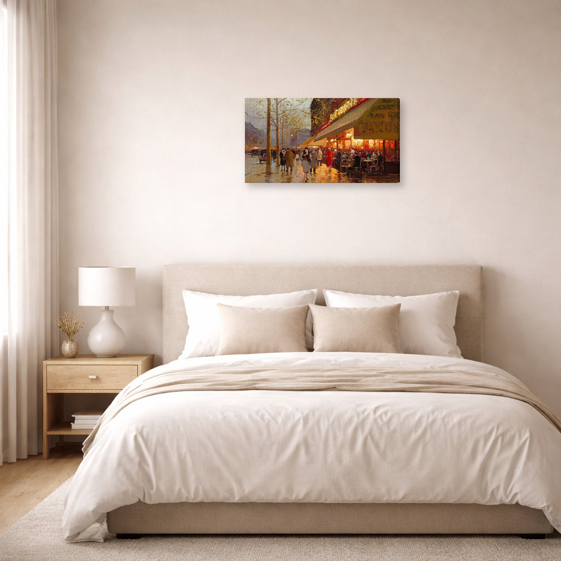 Gallery-wrapped canvas print of Édouard Cortès's La Coupole, Montparnasse displayed on a wall in a bedroom