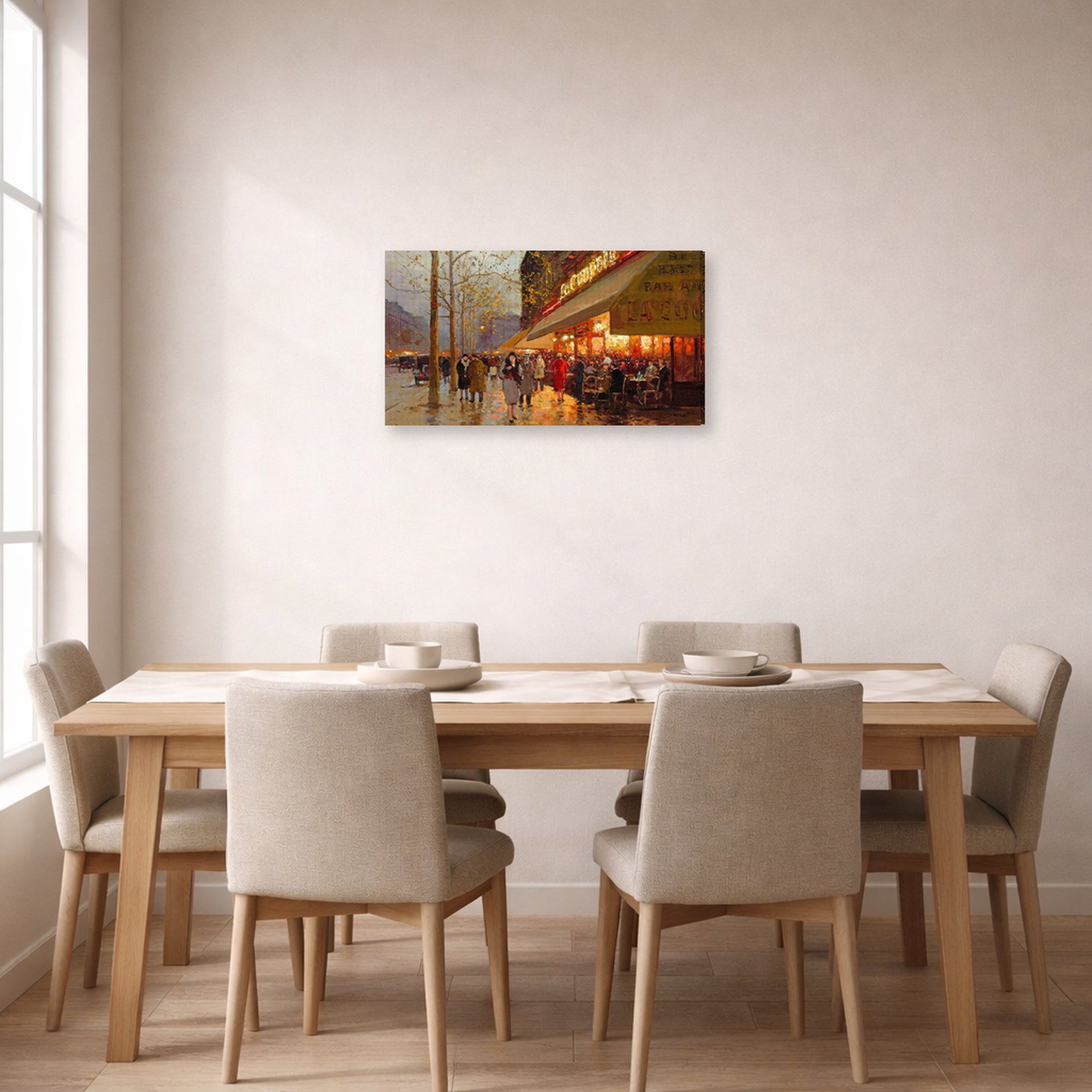 Gallery-wrapped canvas print of Édouard Cortès's La Coupole, Montparnasse displayed on a wall in a dining room